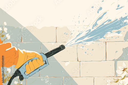 High-Pressure Nozzle Cleans Brick Wall