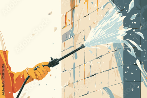 High-Pressure Nozzle Cleans Brick Wall