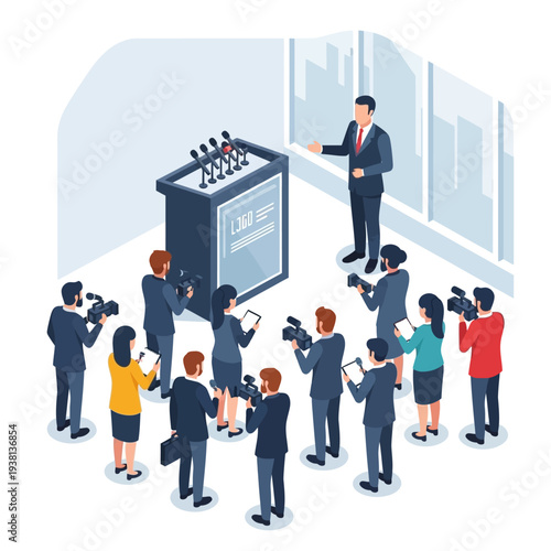 Press Conference Speaker Addressing Media and Journalists with Cameras.