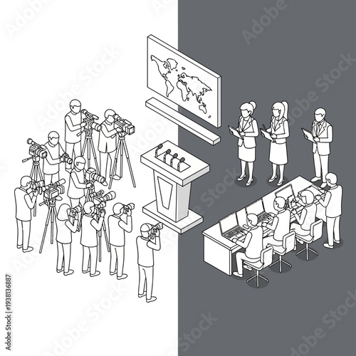 Press conference with journalists and speakers at podium.