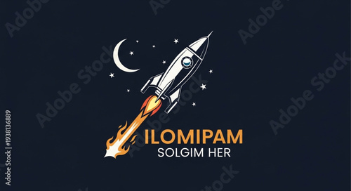 Retro rocket ship blasting off into the night sky with moon and stars.