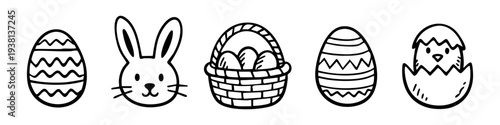 Set of black and white hand-drawn Easter icons featuring decorated eggs, a cute bunny head, a basket filled with eggs, and a newborn chick hatching from an eggshell.