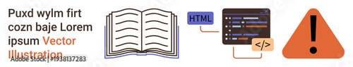 Education, coding, technology, programming, problem-solving, warning systems. Open book alongside HTML code and warning sign. Education and coding through the book, coding and alert symbols