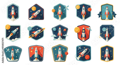 Collection of Space Rocket Emblems and Icons.