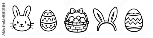 Set of minimalist black and white Easter icons featuring a cute bunny, decorated eggs, a basket with eggs, and rabbit ear headbands. Ideal for seasonal crafts, coloring pages, and holiday designs.