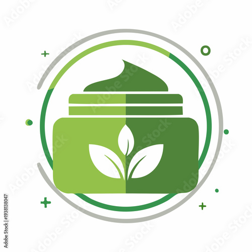 Green cream jar with leaves illustration on white background, natural beauty concept