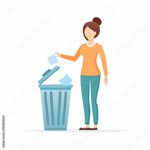 Woman throwing paper into trash bin recycling concept illustration