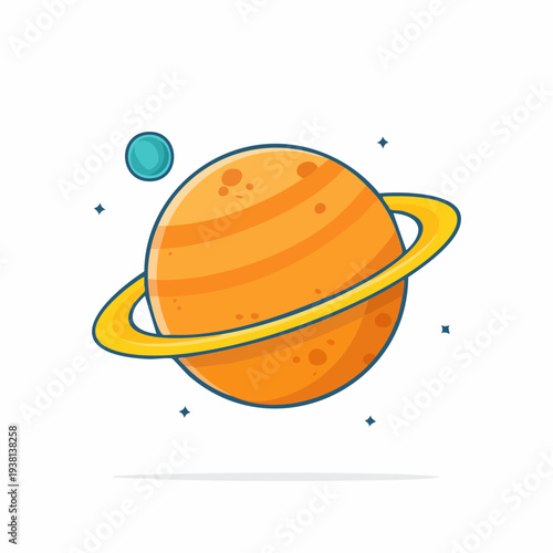 Cartoon planet illustration with ring and satellite in outer space