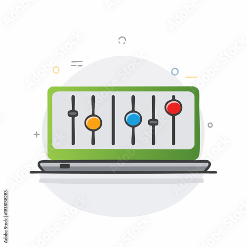 Laptop screen showing equalizer sliders, sound mixing digital audio interface.