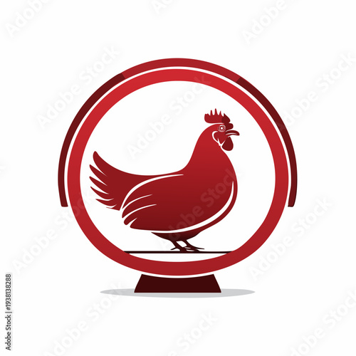 Red hen logo design within a circular frame, illustration for poultry farm or food.