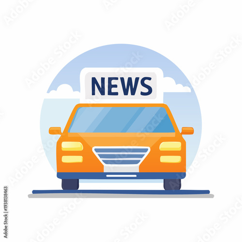 Orange car with 'NEWS' sign icon illustration