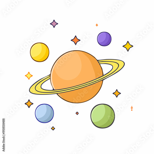 Cartoon Illustration of Planet Saturn with Rings and Colorful Celestial Bodies