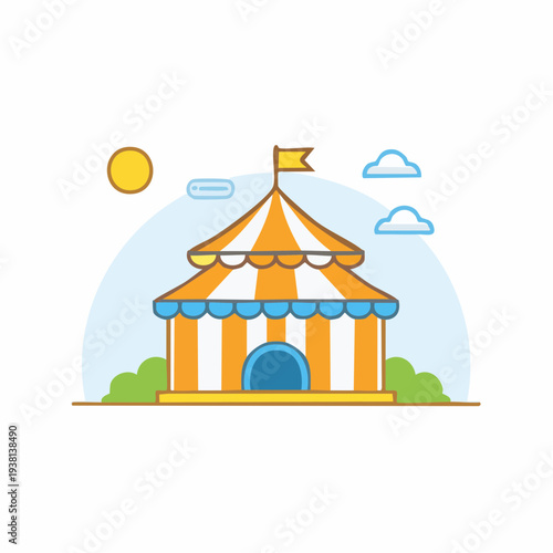 Cartoon circus tent with sun and clouds illustration.