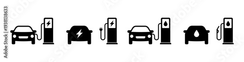 Car gas station refuel and electric charge battery station black icons set. Isolated cars fuel or recharge signs on white background. Simple silhouette plug auto energy station. Vector illustration.