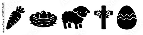 Set of black Easter silhouette icons including a carrot, bird nest with eggs, a cute lamb, floral Christian cross, and decorated egg. Minimalist holiday vector elements on a white background.