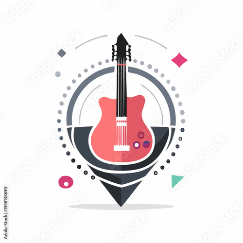 Abstract illustration of a red electric guitar in a geometric design with decorative elements.
