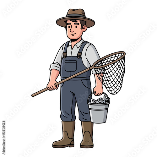 Professional Fisherman Vector Illustration - Angler with Fishing Rod and Net Concept