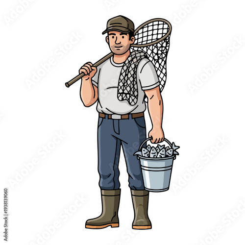 Professional Fisherman Vector Illustration - Angler with Fishing Rod and Net Concept
