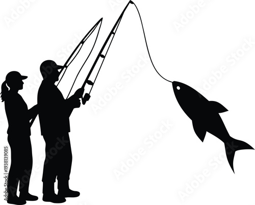 Couple Fishing Silhouette with Fishing Rod Catching Fish Vector 