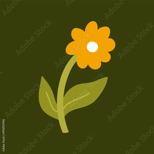 Cute yellow flower with green leaves isolated on a dark background. Vector hand-drawn illustration in flat style. Perfect for decoration, branding and nature themed designs.