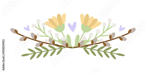 Spring Easter composition with flowers and willow twigs. Vector illustration