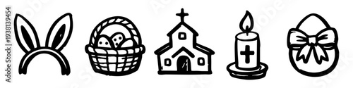 Set of hand-drawn Easter icons in black and white doodle style. Includes bunny ears headband, egg basket, church building, candle with cross, and decorated egg with ribbon.