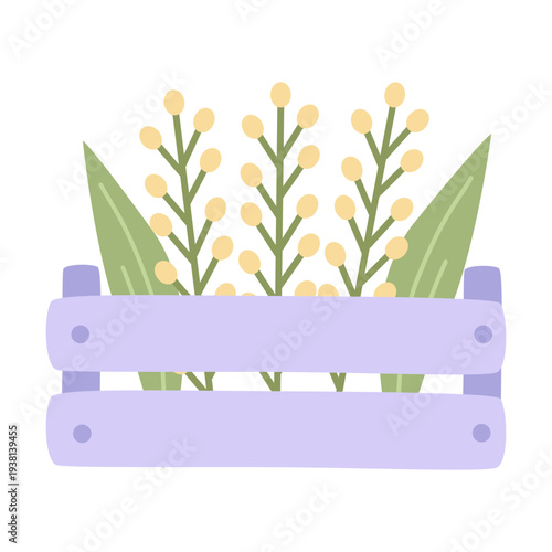 Spring Easter composition with flowers in a purple box. Vector illustration