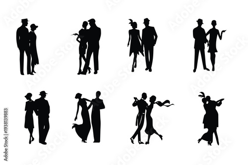 1920s Jazz Age Couple Silhouettes Set – Vintage Flapper and Gentleman Retro Charactersv