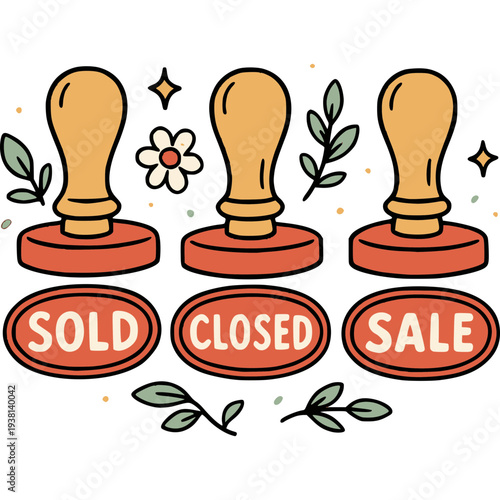 Stamp Symbols of Commerce: An artistic illustration showcasing three stamps, each boldly proclaiming Sold, Closed, and Sale amidst decorative floral elements.