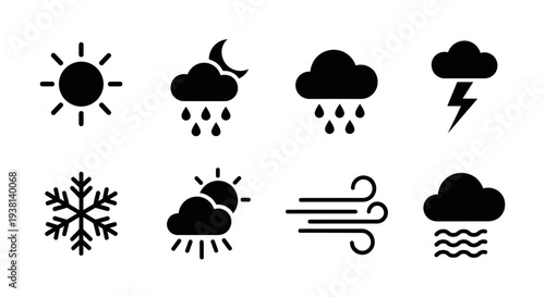 Collection of weather icons representing various conditions including sun, moon, rain, and wind on a plain background