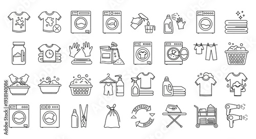 Collection of laundry and cleaning icons displayed in a grid layout on a simple background from a direct viewpoint