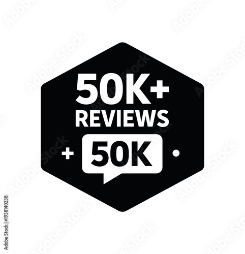 A black hexagon badge that reads "50k+ reviews" with a speech bubble showing "50k" and small plus and dot symbols — made as a trust signal or review count sticker.