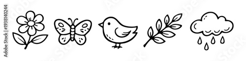 Set of hand-drawn nature icons featuring a flower, butterfly, bird, leaf branch, and rain cloud. Minimalist black and white vector line art for spring and garden themes.