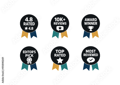 Six circular badge icons with colored ribbon tails showing ratings, reviews, editor's pick, top rated, award winner, and most reviewed for web and print use.