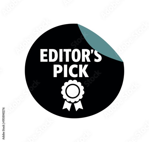 A circular black badge that reads "editor's pick" in bold white text above a ribbon rosette icon, with a teal peeled corner accent — made for badges or highlight labels.
