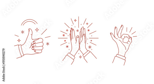 Hands illustrating approval, surprise, and okay gestures in a simple line art style