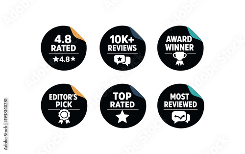 A collection of six circular black badges showing different review and recognition marks — 4.8 rating, 10k+ reviews, award winner, editor's pick, top rated star, and most reviewed heart icon 