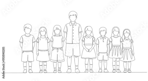 Man and children standing together in a line drawing illustration