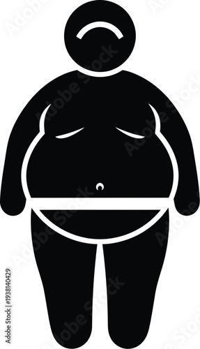 Black pictogram representing an overweight or obese figure with a sad curved mouth against a white background.