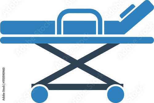 Simple blue icon depicting a medical gurney or stretcher with adjustable backrest and wheels on a white background.