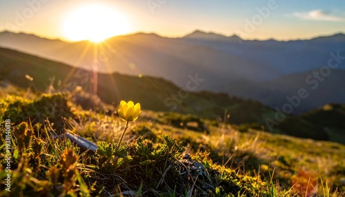 Sunrise over alpine meadow with a small yellow flower and distant mountains basking in soft golden sunlight