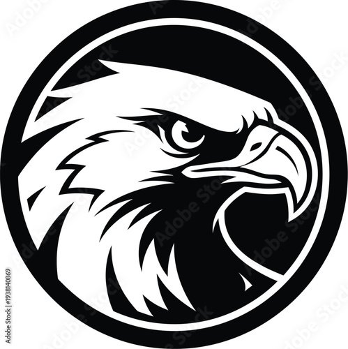 Eagle head profile graphic rendered in black and white inside a circular frame design element.