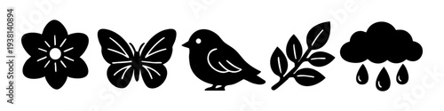 A minimalist nature icon set featuring black silhouettes of a flower, butterfly, bird, leafy branch, and rain cloud on a white background. Perfect for spring, garden, and environmental graphics.