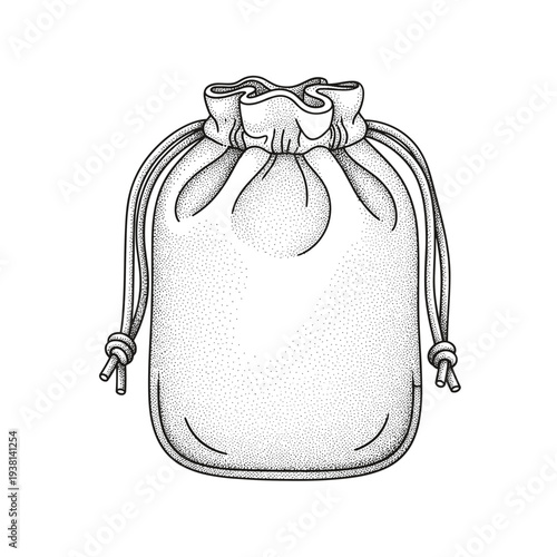 Detailed illustration of a cotton travel pouch with drawstring, isolated on a white background, showcasing intricate shading and texture