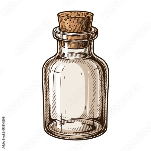 Detailed illustration of a corked apothecary jar isolated on a white background, featuring vintage design with intricate shading and classic glass shape