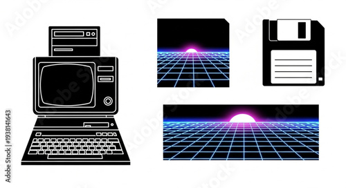 Retro computer and floppy disk with digital grid background.