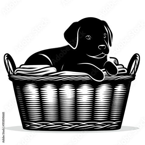 Cute puppy relaxing in wicker basket with laundry