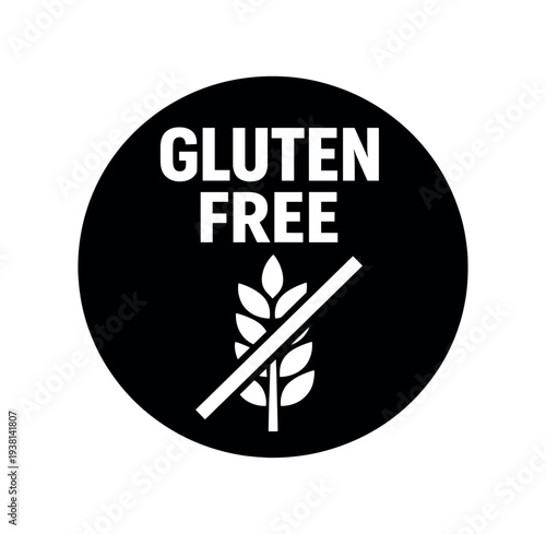 A black circular badge reading "gluten free" above a wheat stalk crossed by a diagonal line, for food labels and packaging.