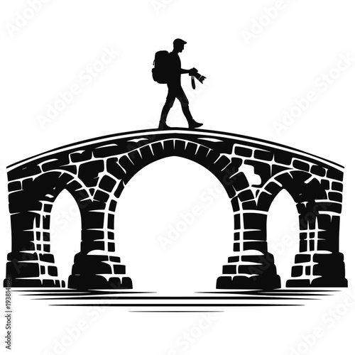 Traveler walking on stone bridge with backpack