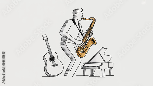 Man playing saxophone with guitar and piano in music studio creative artistic hobby